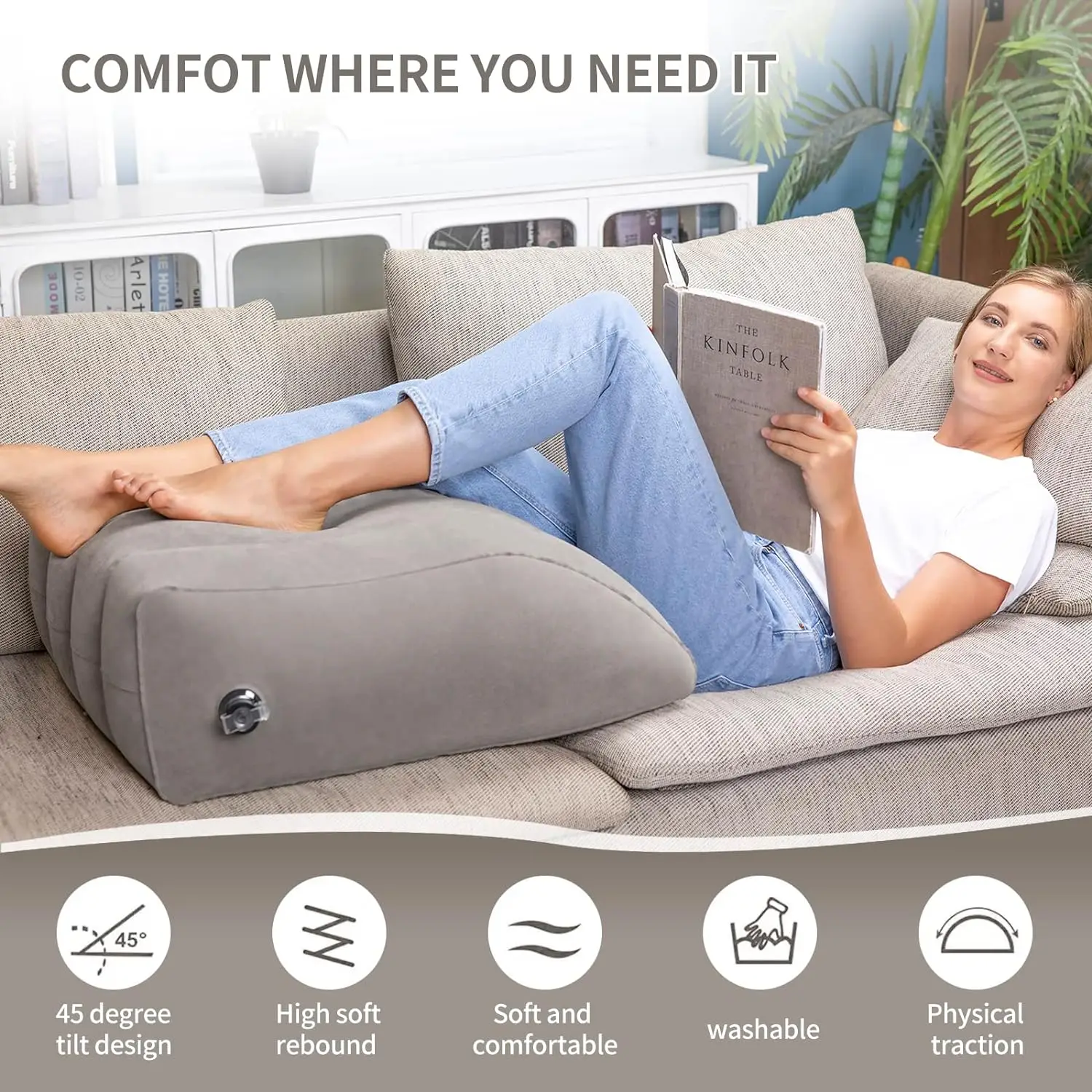 PVC Inflatable Leg Pillow Grey Multifunctional Portable Ramp Cushion with Storage Bag for Back, Legs