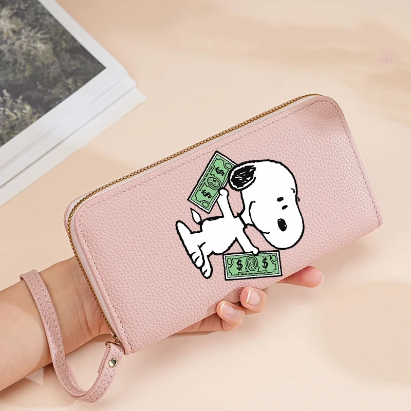 Snoopys Long portefeuille mignon dessin animé porte-monnaie en cuir PU mode pochette pour femmes portefeuilles à fermeture éclair dragonne porte-cartes d'identité sacs à main cadeau