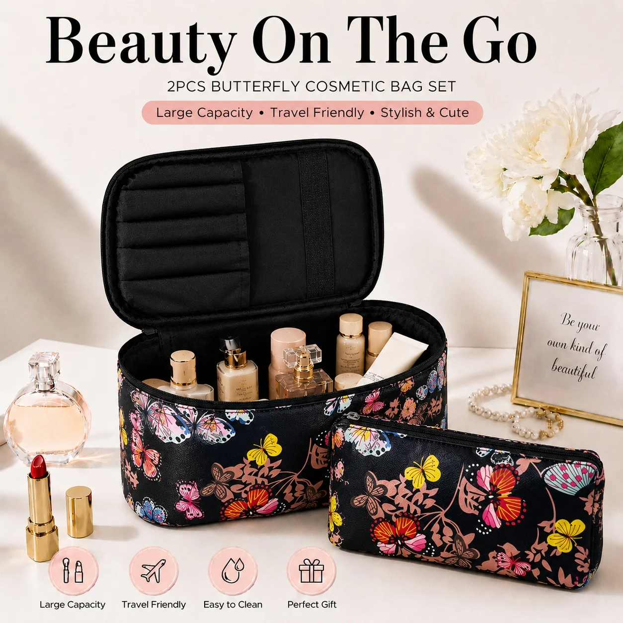 High Capacity Waterproof Portable Women's Makeup Bag - Travel Toiletries Organizer Cosmetic Storage Case with Zipper Wash Beauty