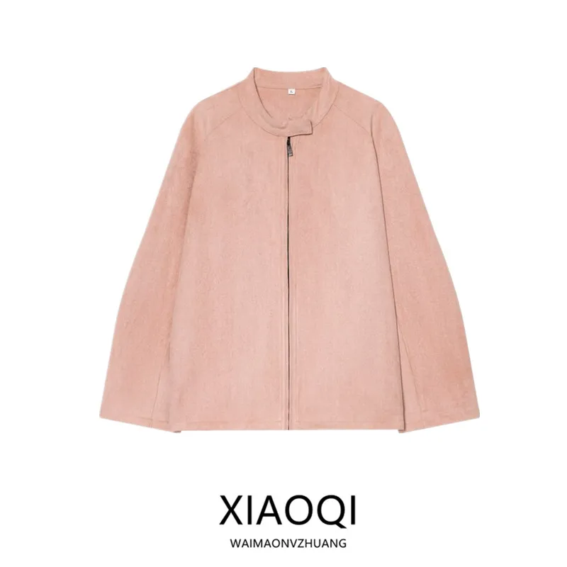 

Winter 2025 Women's Loose Suede Jaet Commute Stand Collar All-Match Outerwear Long Sve Zipper Closure Faion Ladies