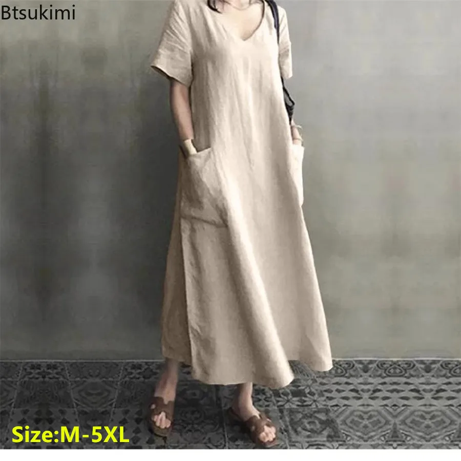 

2024 Women Summer Dresses Vintage Casual Cotton Linen Ladies Big Pockets Maxi Dress Beach Party Long Skirt Females Vestidos Robe