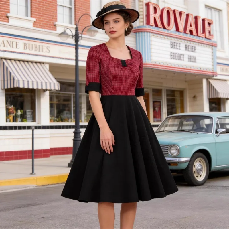 

2026 New Hepburn Vintage Women's Retro Red Black Checkered Swing Dress 50s Retro Square Neck 60s Rockabilly A-Line Midi Dresses