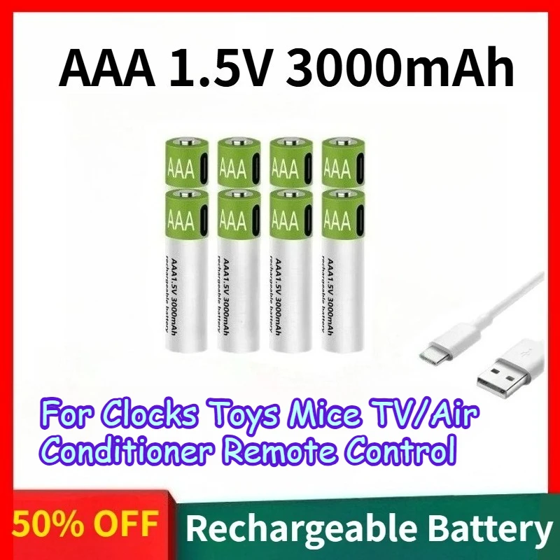 High-Quality 1.5V 3000mAh AAA Rechargeable Battery with USB Fast Charging for Clocks Toys Mice TV/Air Conditioner Remote Control