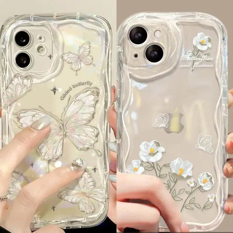 Clear Butterfly Flower Cream Wavy Edge Case for Iphone 15 Pro Max 11 12 13 14 Pro Max 7 8 Plus XR XS X 13 Mini TPU Back Cover