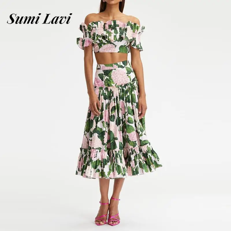 

Casual Sleeveless Pleated 2Pc Party Set Sexy Strapless Tops & Long Skirt Outfits Women Elegant Flower Print Ruffle Swimsuit Suit