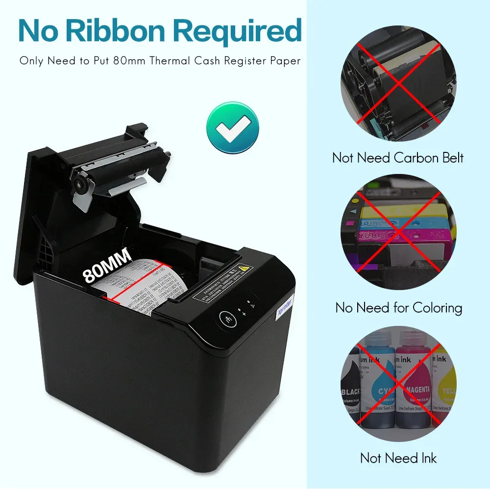 Impresora térmica de recibos de 80MM, máquina de impresión de facturas XP-T80Q USB/USB + Lan con cortador automático, POS, 1 rollo de papel gratis