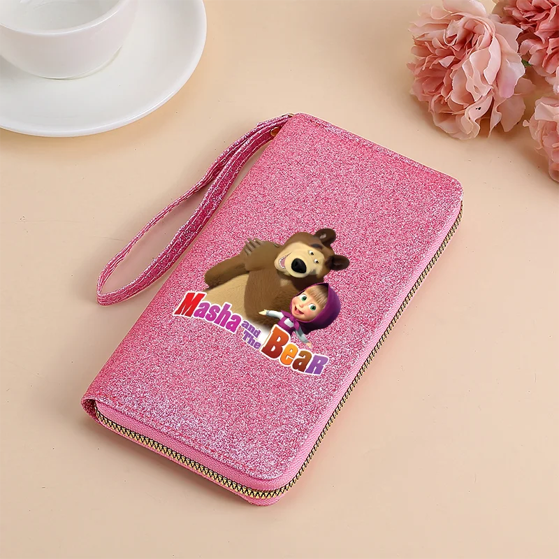Mashas Bears Wallets for Girls Zipper Sparkle Money Clip Shining Moneybag Long Multi-function Card Holder Trend Coin Purse Gift