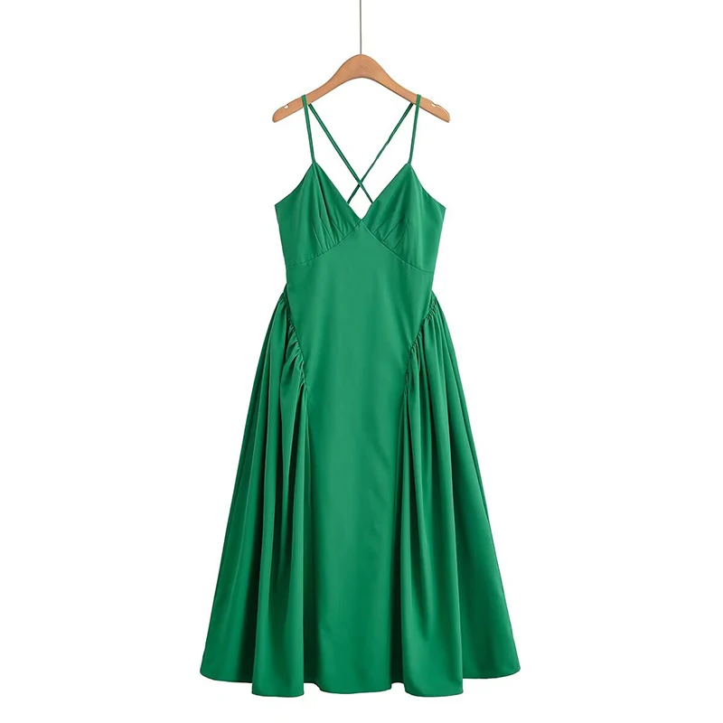 YENKYE Sexy Backless Back Cross Sling Green Dress Women Low Waist V Neck A-line Midi Summer Dress Chic Lady Vacation Vestidos