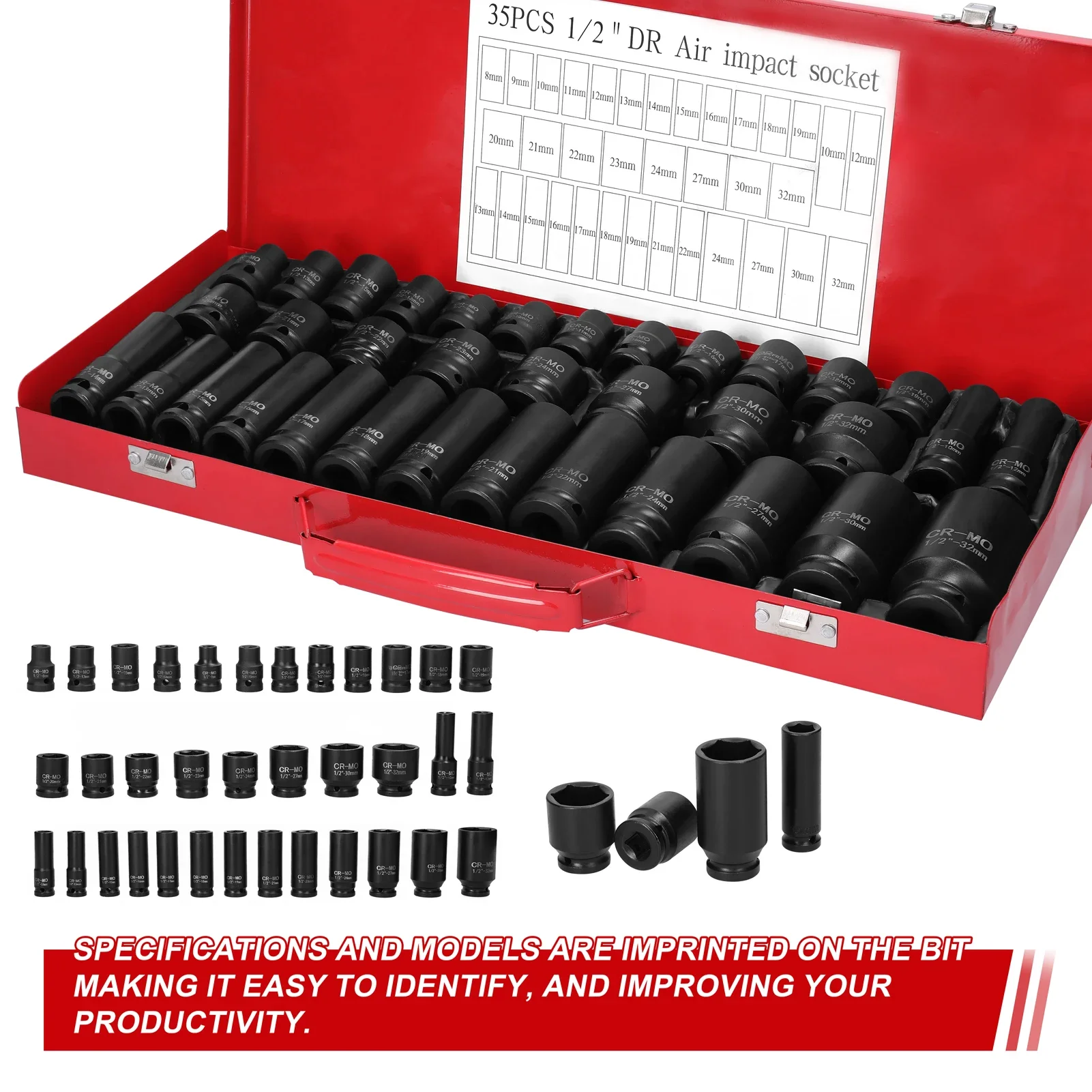 35PCS 12.5mm Pneumatic Impact Socket Set 1/2inch Drive Chrome Vanadium Steel Thicken Socket Kit Multifunction Car Repairing Tool