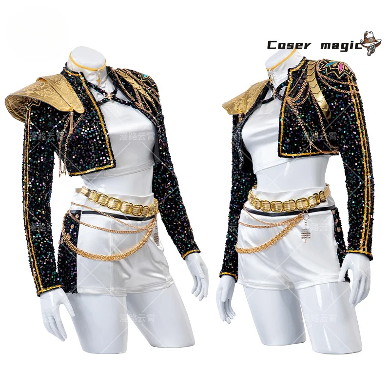 أزياء أنيمي KPop شيطان الصيادين رومي التأثيرية شعر مستعار الذهب الأسود المرحلة الزي هنتركس موحدة حفلة الهالوين النساء الفتيات كرنفال