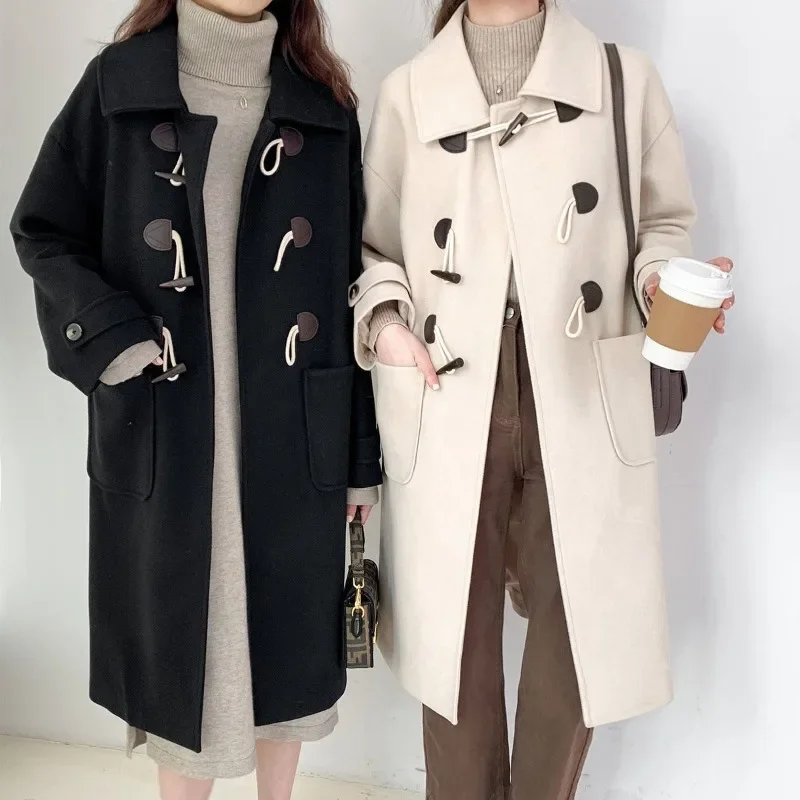 

Women Horn Button Mid-Length Single Breasted Blends Coats Turn Collar Big Pockets Long Jackets Autumn Winter New Warm Parkas