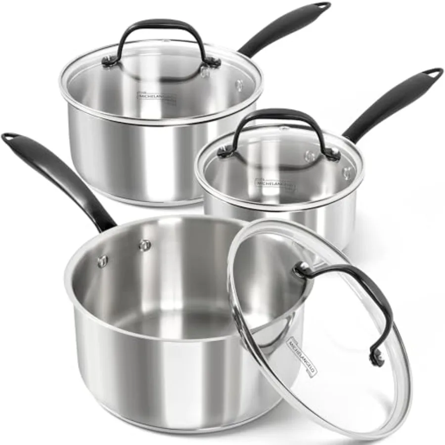 

Tri-Ply Stainless Steel Saucepan with Lid 6 Pcs, Stainless Steel Sauce Pans with Cool Handle, 6 Pcs Sauce Pots Set, 1QT&2QT &3QT