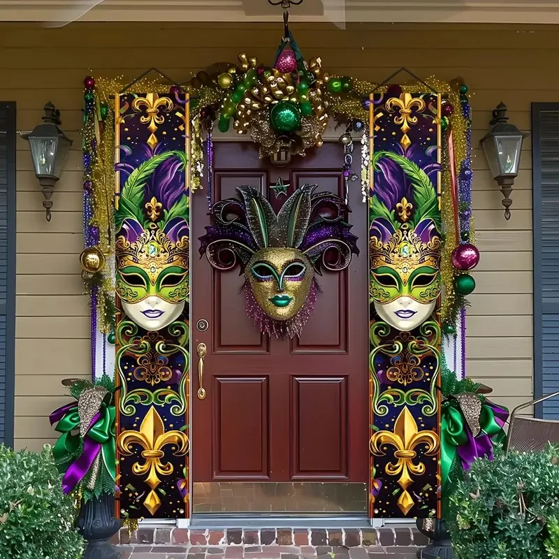 2-Pack Halloween Porch Banners - Durable polyester material, festive mask design, suitable for holiday decorations.