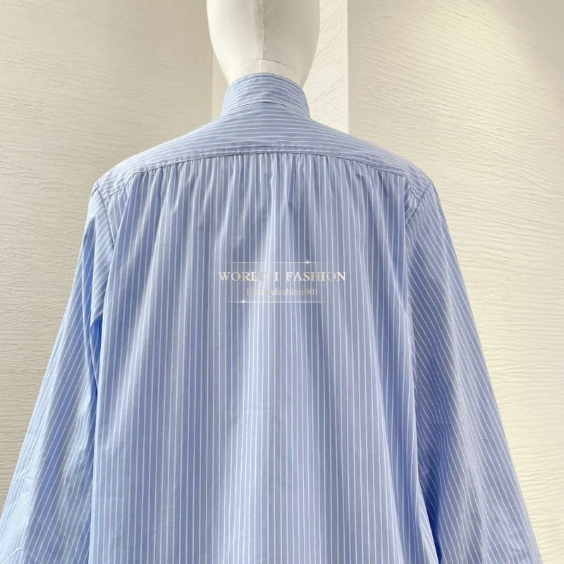 

Blue and White Tweed Long Sleeve Shirt Tops 2025 High Quality Cotton