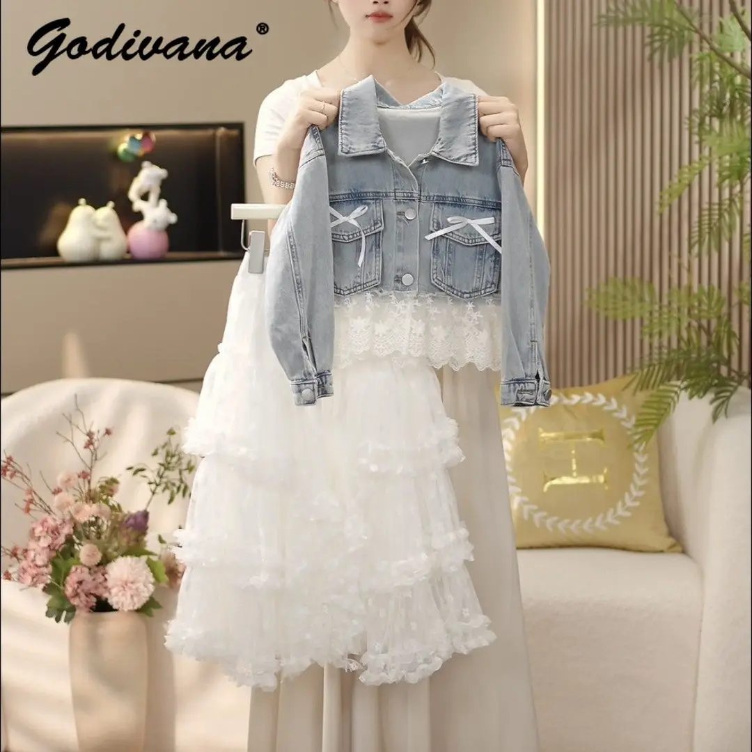 

Sweet Girls Lace Trim Denim Jacket and Skirt Kids Spring and Autumn 2026 New Cute Bow Top White Tulle Layered Skirt 2pcs Sets