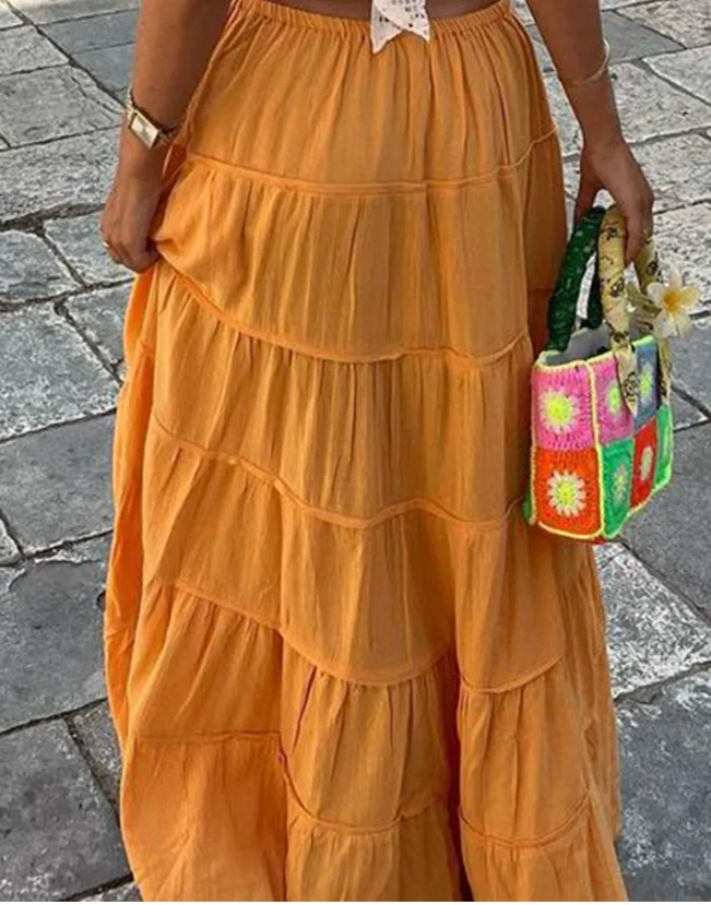Falda naranja informal acampanada con forma de pastel para mujer, ropa femenina de verano 20225, faldas acampanadas a la moda con cordones estilo playero para mujer