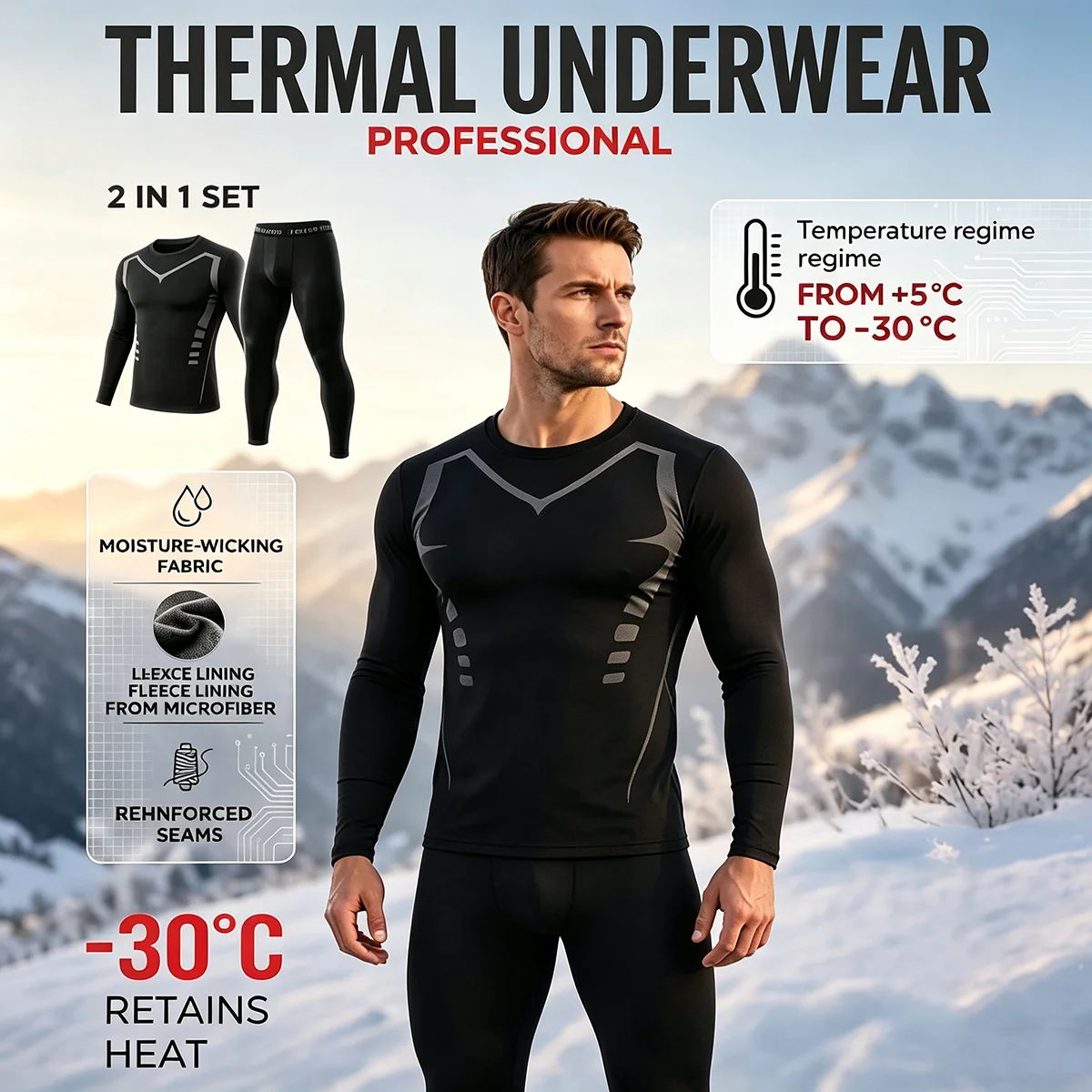 2-piece Men's Autumn And Winter Solid Color Round Neck Fashionable Printed Sports Thermal Underwear Set Simple And Comfortable