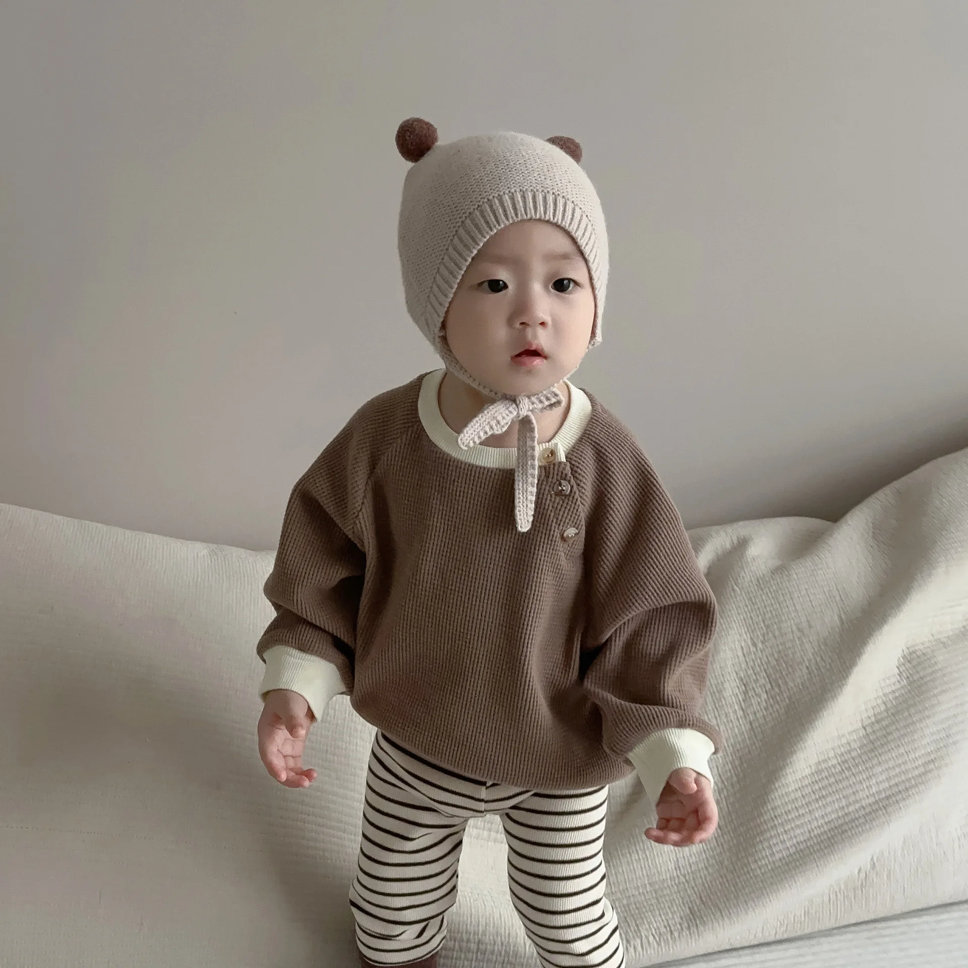 Sweat-shirt en coton gaufré à manches longues pour bébé, pull pour tout-petit, vêtements décontractés pour bébé, vêtements pour garçon, automne,