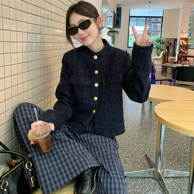 2024 Korean Ins Black Stand Collar Elegant Woolen Coat for Women Autumn/Winter Loose Slim Fit Top Checkered Pants Two-piece Set