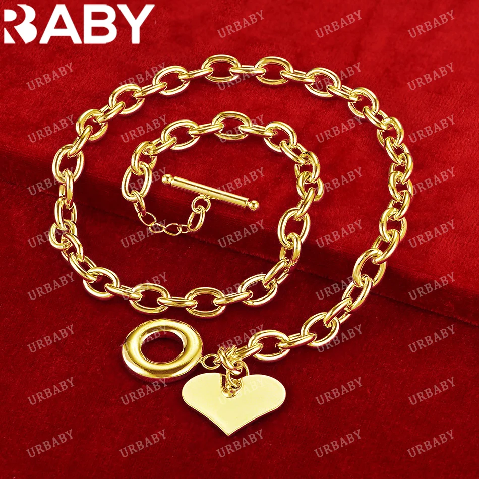 URBABY kalung emas 18K 18 inci liontin hati untuk mode wanita perhiasan halus grosir hadiah Hari Valentine