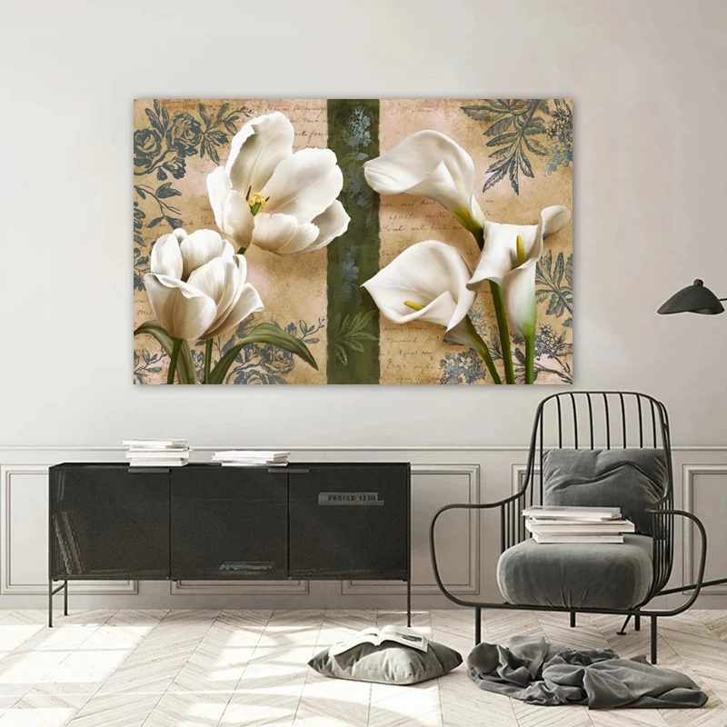 One Piece Vintage White Flower Posters and Prints Canvas Painting Wall Art Picture for Living Room Home Decoration NO FRAME