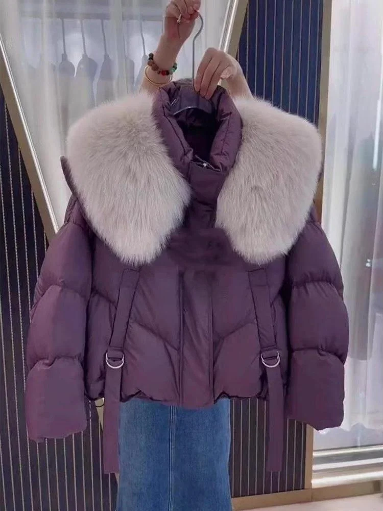 

Ultra-Plu Purple Coat with Large Fur Collar Thiened Cotton Winter Outerwear Loose Fit Warm Commute Sle Zipper Closure