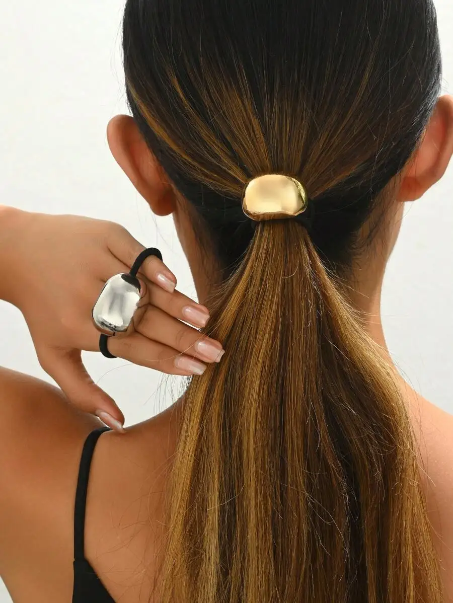 

2pcs Minimalist Gold-Tone Metal Hair Ties for Ponytail, Elegant Elastic Hair Accessories