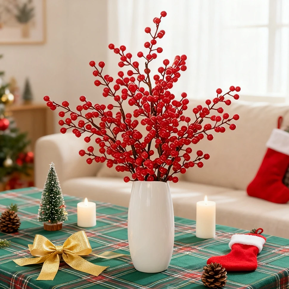 

Artificial Plant Holly Exqusitic Red Fruit Christmas Home Bedroom Table Decor Outdoor Garden Bonsai Festival Wedding Party Gifts