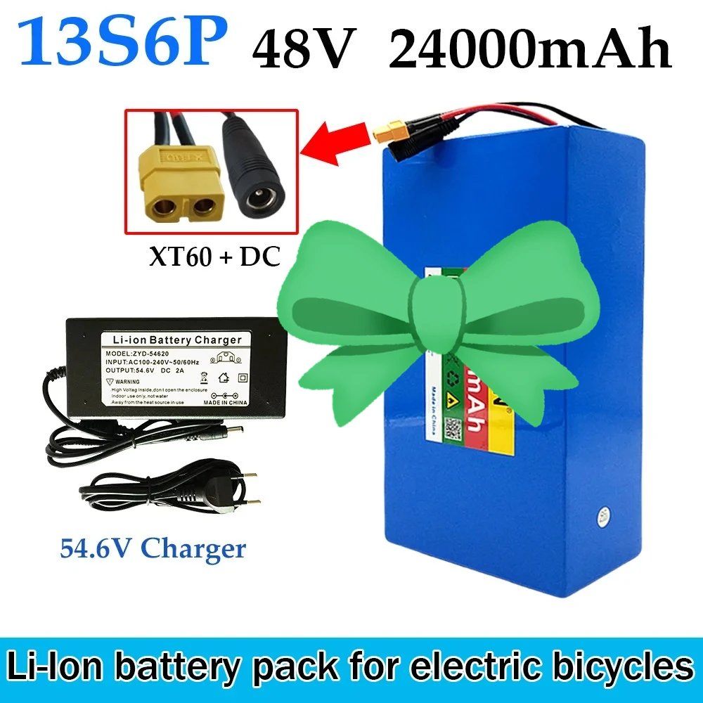 

13S6P 48V 24Ah 2000W 18650 li-ion battery pack, suitable for 54.6V bicycles+optional built-in BMS plug+54.6V Charger