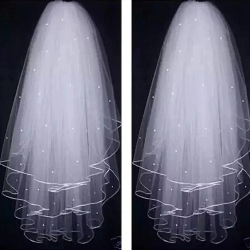 Voile de mariage en tulle blanc pour femme, 3 couches, bord de ruban, fausse perle, embellissement perlé, cascade centrale, mariage avec grand peigne