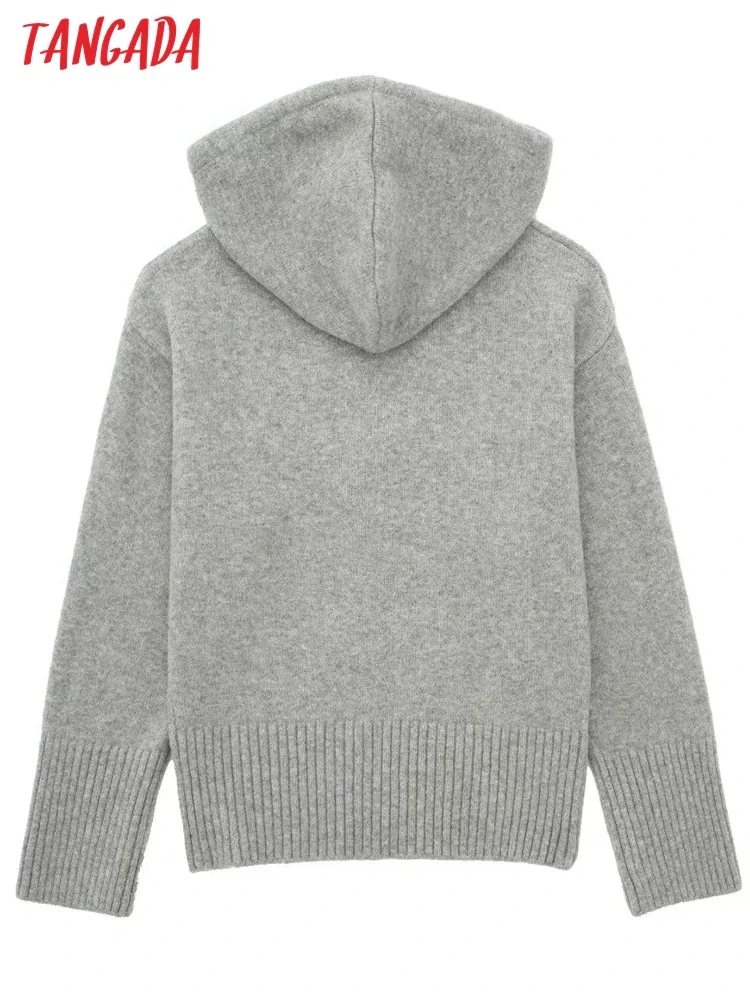 Tangada 2023 Winter Women Gray Oversized Hood Knit Sweaters Long Sleeve Female Thick Jumper 3H269