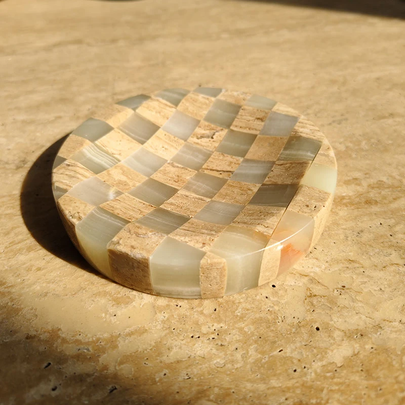 Natural marble travertine with onyx stone chessboard square grid green jade mosaic jewelry storage box small tray