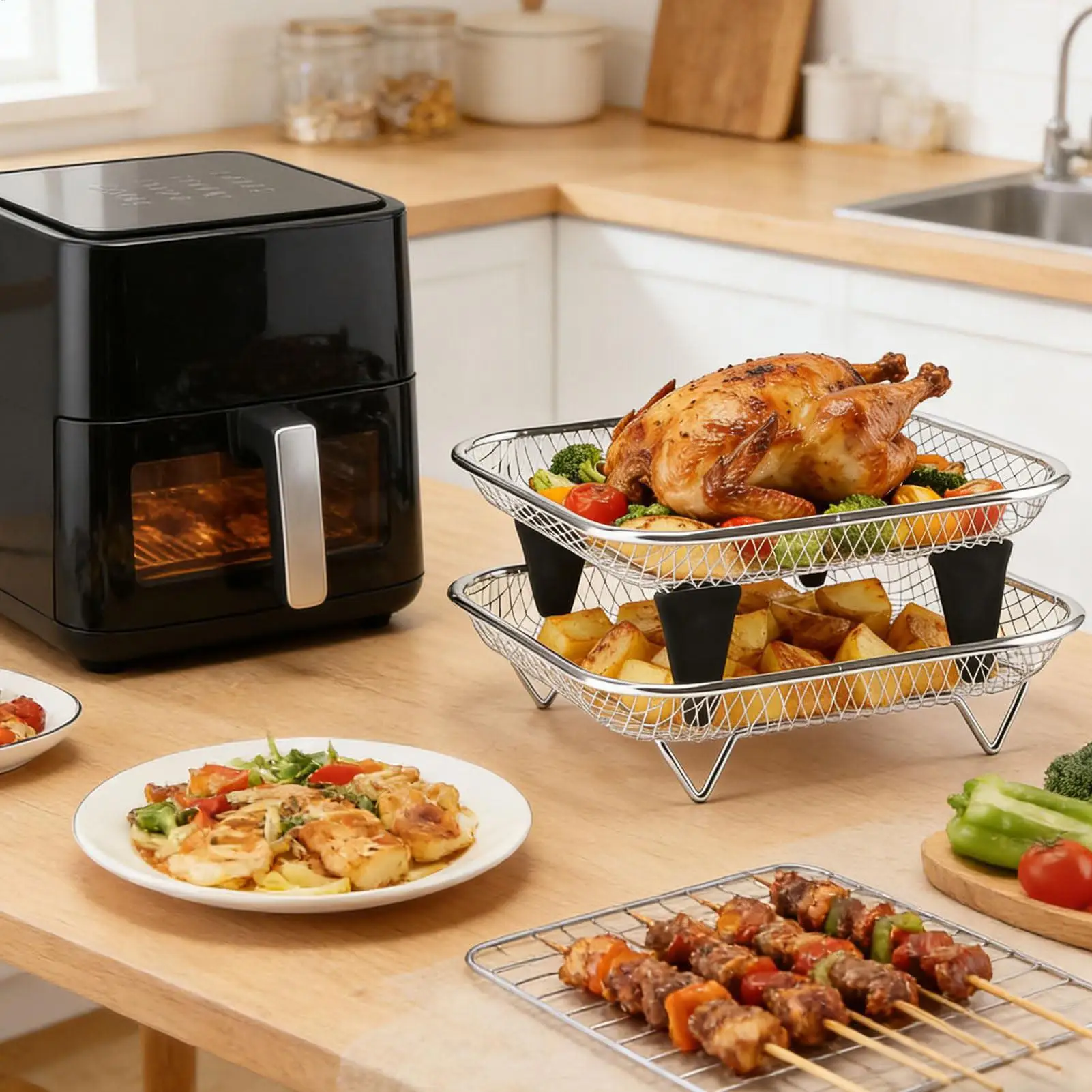 Air Fryer Tray Stackable Stainless Steel Mesh Shelf 2-Piece Air Fryer Dehydrator Rack For Broiling Cooking Dehydrating Meal Prep