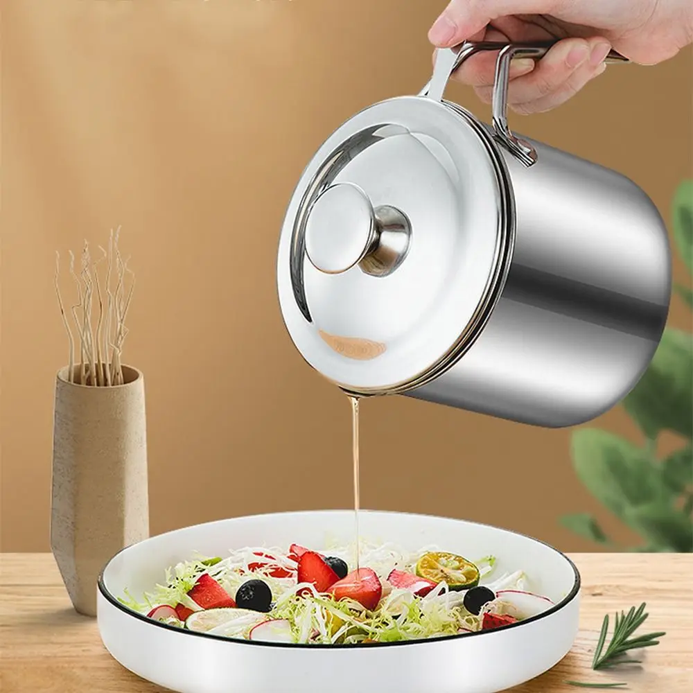 

Кастрюля для фильтрации масла большой емкости, защита от протечек, не содержащая BPA, масляная банка из нержавеющей стали 1,3/1,8 л, пылезащитная крышка, контейнер для смазки