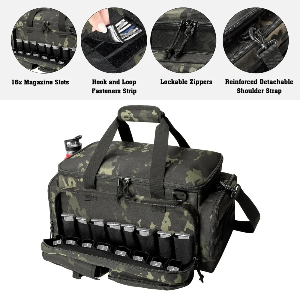 Tactical Pistol Range Bag with 4 Pistol Cases, Padded Gun Duffle with 16 Magazine Slots and Extra Pockets for Ammo and Essentials view 4