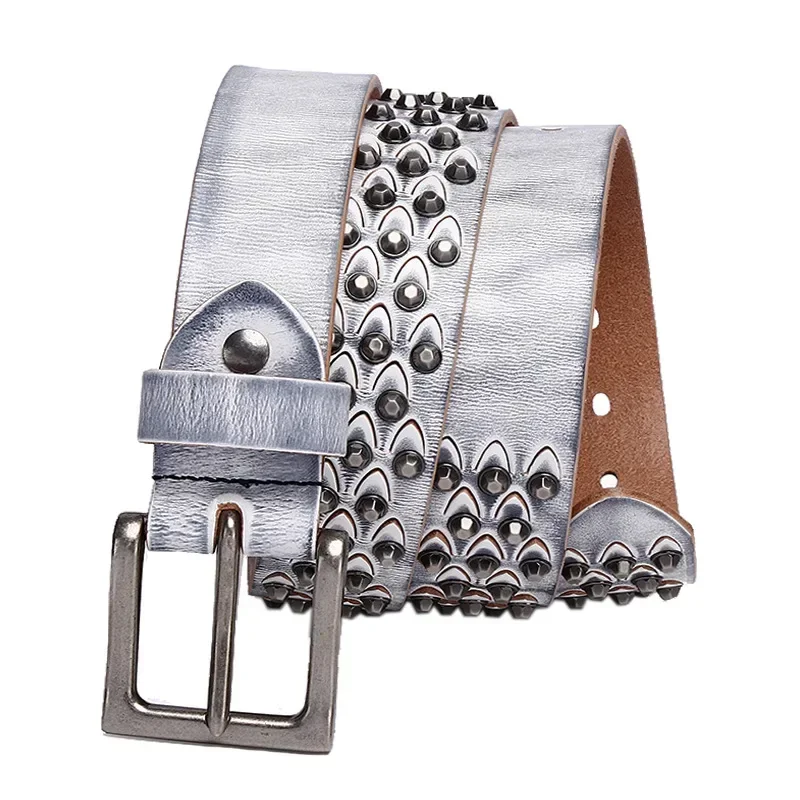 Stylish Hollow Decorated Belt with Rivets, Made of Genuine Leather, 3.8cm Width for Men and Women