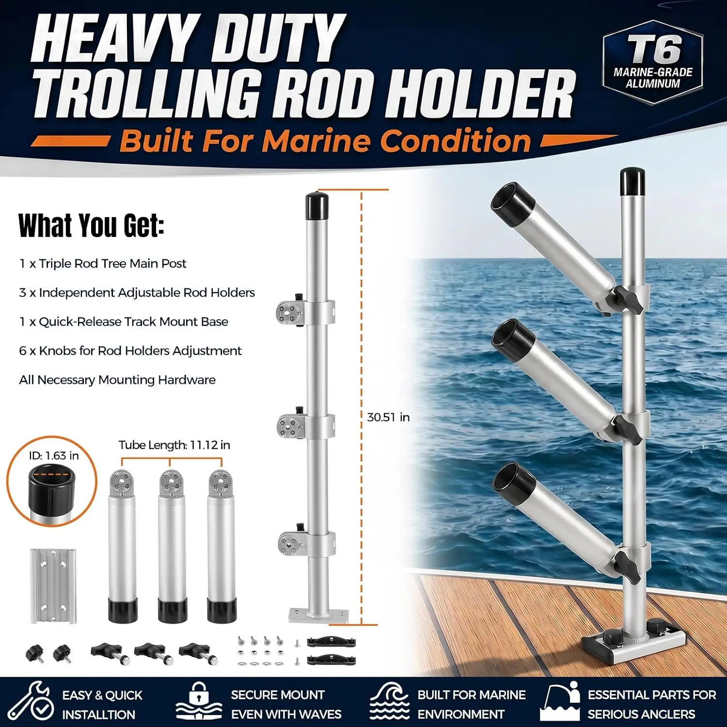 Aluminium-Trolling-Rutenhalter, 3 Ruten, verstellbarer Angelrutenhalter für Boote, 360° ° Drehung 180 ° Neigungs- und Höhenverstellbar – Detail 3