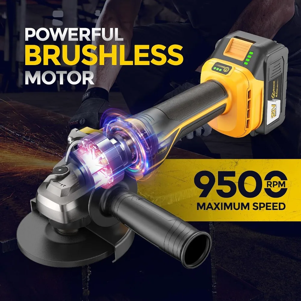 Cordless Angle Grinder, 21V Angle Grinder Toolbox Kit, with 2x4.0Ah lithium batteries and charger, yellow 4-1/2 inch g