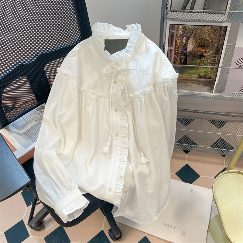 French Elegant Shirts Stand Neck Puff Sleeve Ruffles Patchwork Blouses Solid Color Lace Up Spring Women Clothes All Match Tops