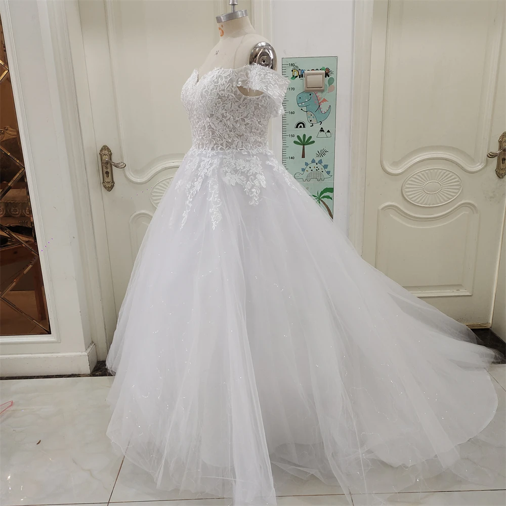 ZJ9251 White Tulle Beading Sweetheart Off the shoulder Floor-Length Ball Gown Wedding Dress Cathedral /Royal Train Custom Made