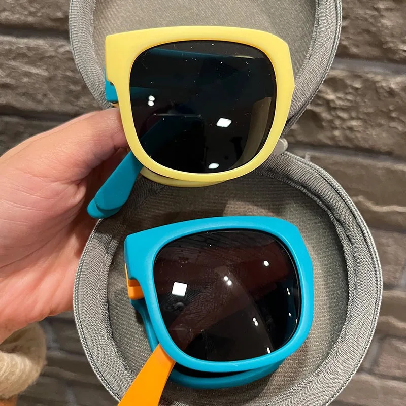 

Fashion Foldable Kids Sunglasses Vintage Portable Square UV400 Shades Eyewear Outdoor Baby Eye Protection Glasses with Case