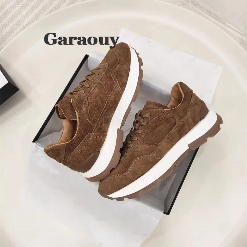 Garaouy 2024 New Women Spring Autumn Fashion Vintage Suede Lacing Flat Sneaker Simple Casual Versatile Thick Soled Shoes Female