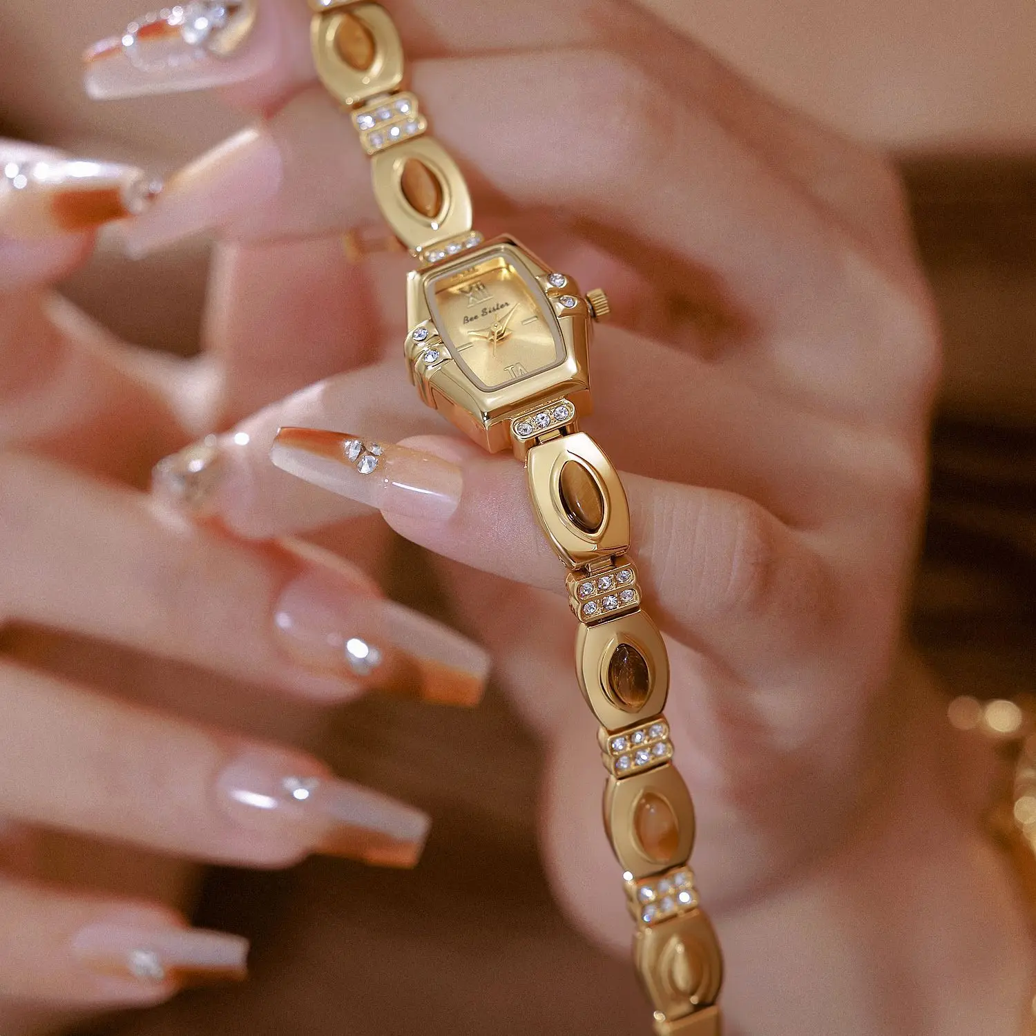 ساعة يد نسائية أنيقة، ساعة راقية بتصميم فرنسي مع حجر عين النمر الطبيعي، ساعة كوارتز عصرية. #1