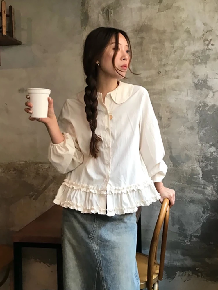 

Chic Ruffle Hem Bubble Sve irt Women's Spring New Doll Collar Design Unique Top Sweet Sle Loose Fit Long Sve ...