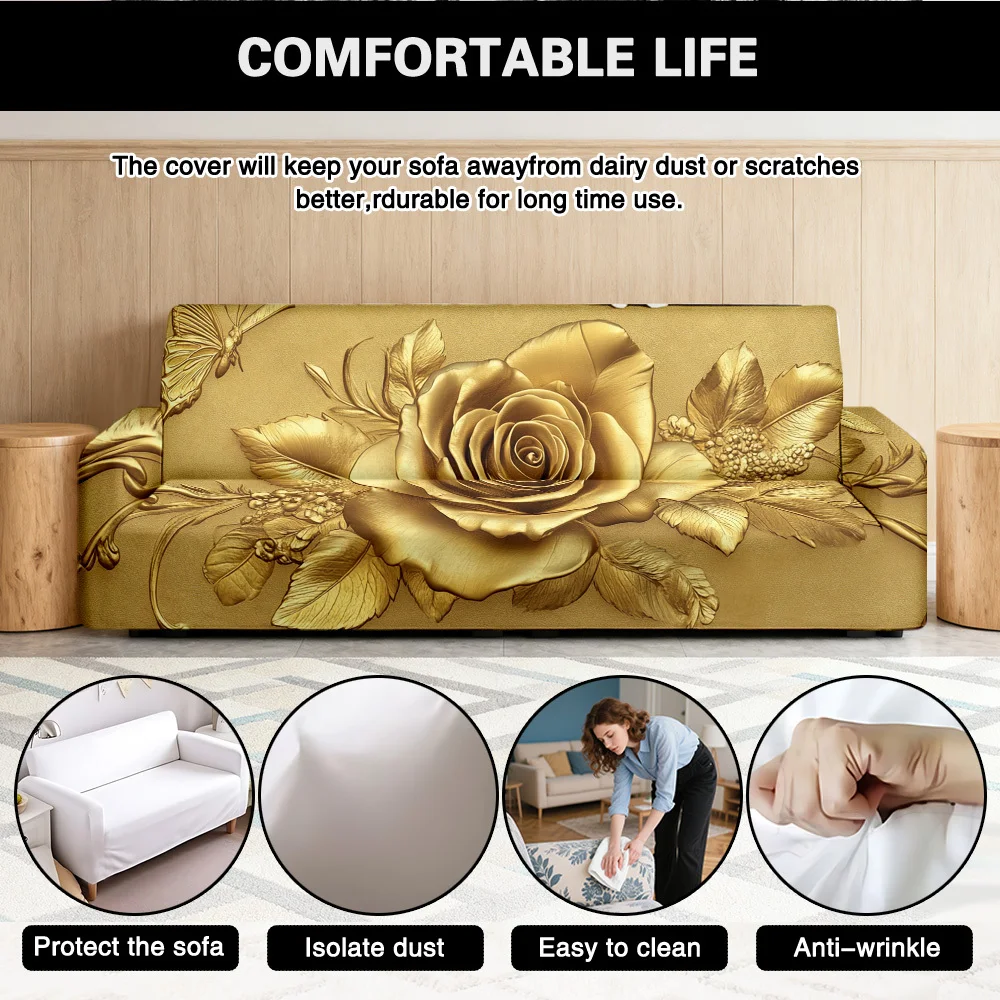 1pc Luxury Golden Rose Print Stretch Sofa Cover, Glamorous Gold Floral Couch Slipcover for Opulent Home Decor