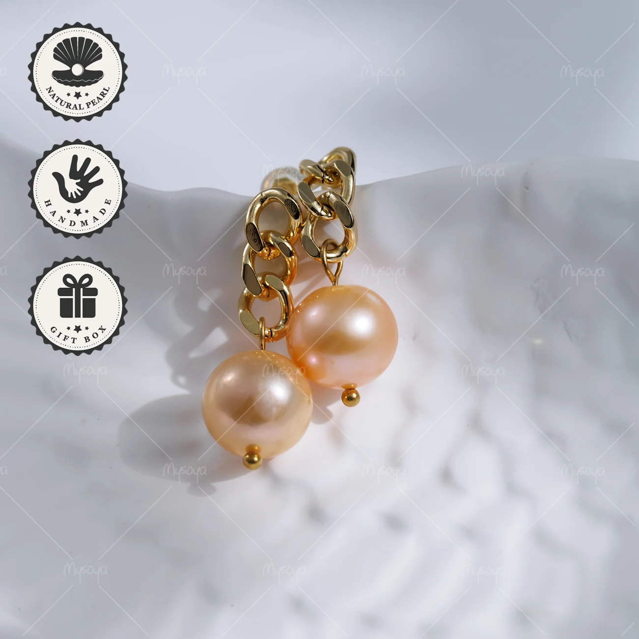 

MYSOYA 11-12mm Pink Edison Freshwater Pearl Earrings with Golden Chain Design, Birthday Gift, Valentine’s Day, Anniversary Gift