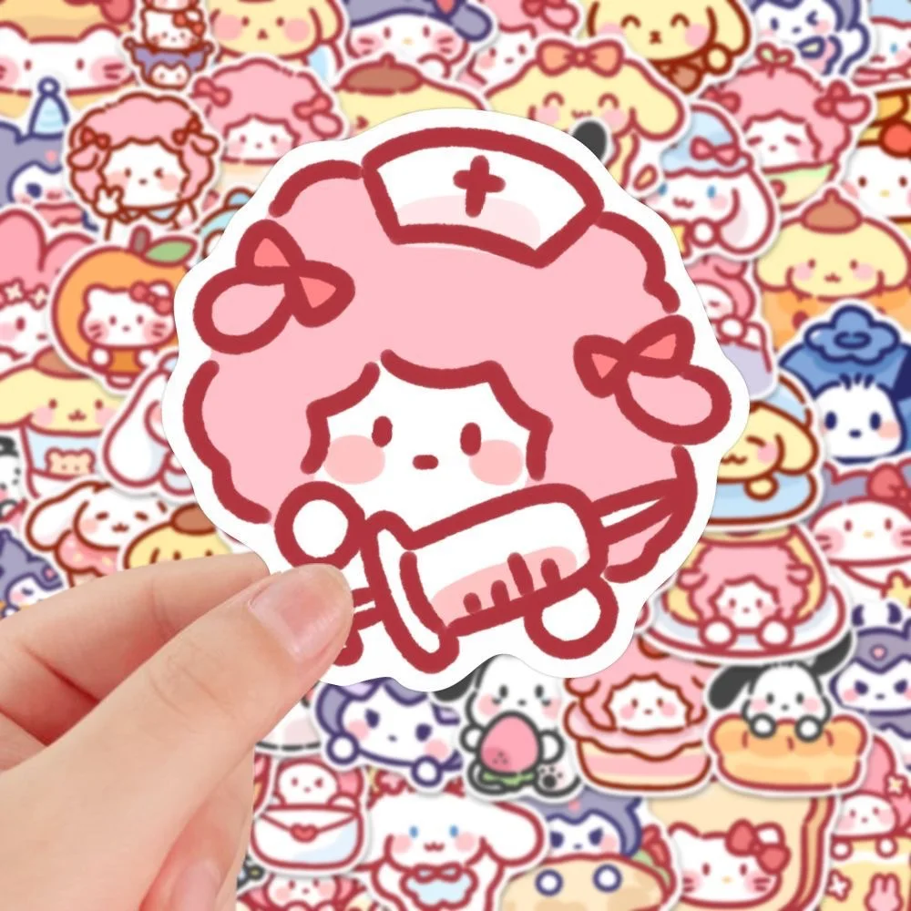 100 sztuk Cute Cartoon Sanrio naklejki moja melodia Kuromi torebka naklejki dekoracyjne Cinnamoroll prezent dla dzieci torba z naklejkami