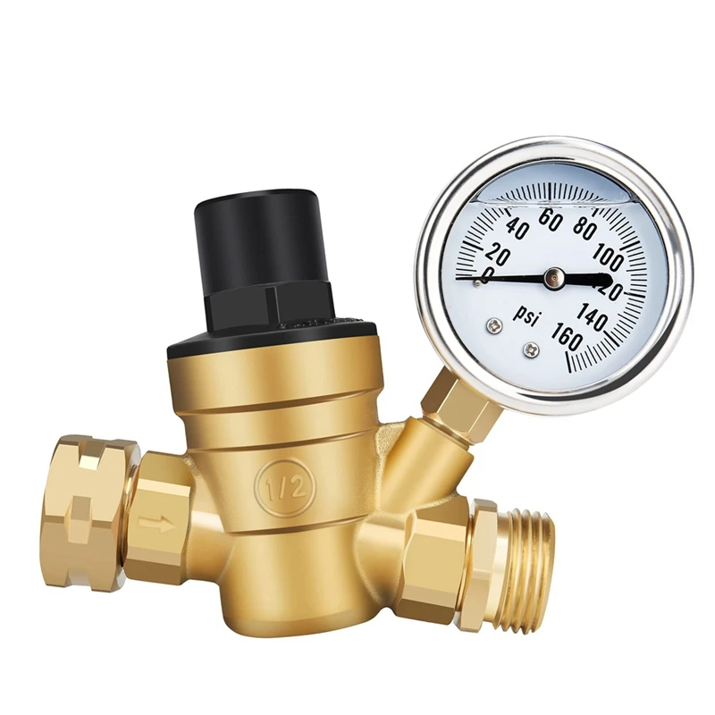 1 PCS Adjustable Water Pressure Reducer Pressure Regulator Valve With Gauge And Inlet Screen Filter, Brass Lead-Free