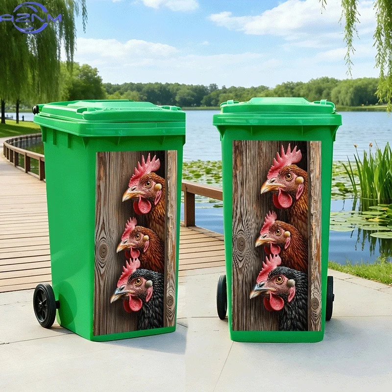 of Trash Can Sticker with a Theme Design Featuring a Chicken And Wooden Door. Self-Adhesive Wall Decoration for Kitchen Trash