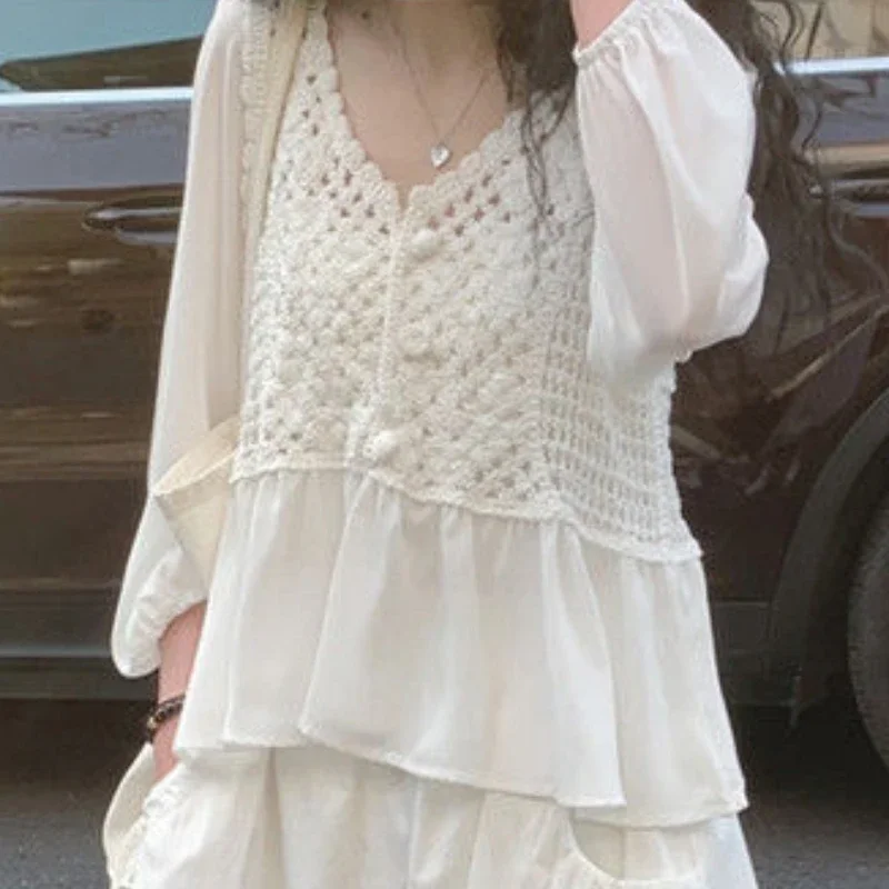 

Sunscreen Blouses Women Hollow Out Elegant Summer Breathable Baggy Aesthetic Lady All-match Clothing Daily See-through New Ins